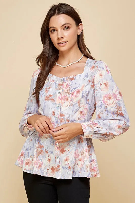 Lime 'N' Chili Floral Sweetheart Neckline Button Down Blouse