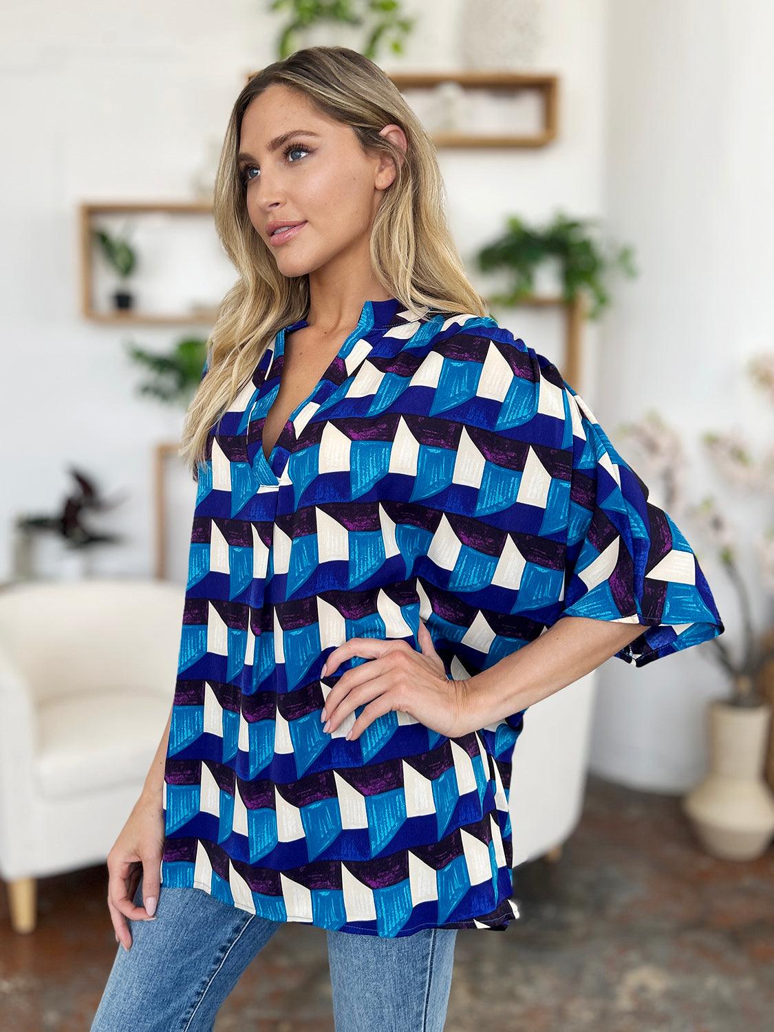 Double Take Full Size Geometric Notched Half Sleeve Blouse - Clothes For Her Online Store