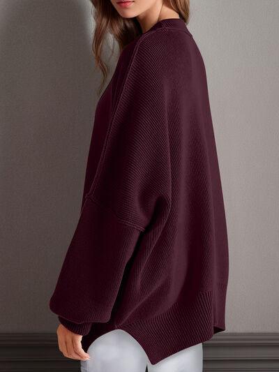 Double Take Side Slit Round Neck Long Sleeve Sweater - Clothes For Her Online Store