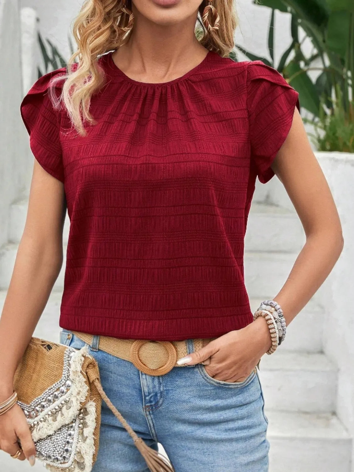 Round Neck Petal Sleeve Top