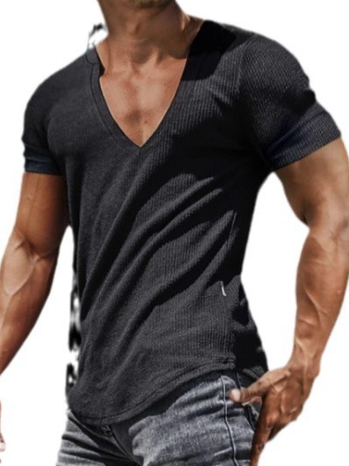 Men's Full Size Notched Short Sleeve T-Shirt Plus Size - Clothes For Her Online Store