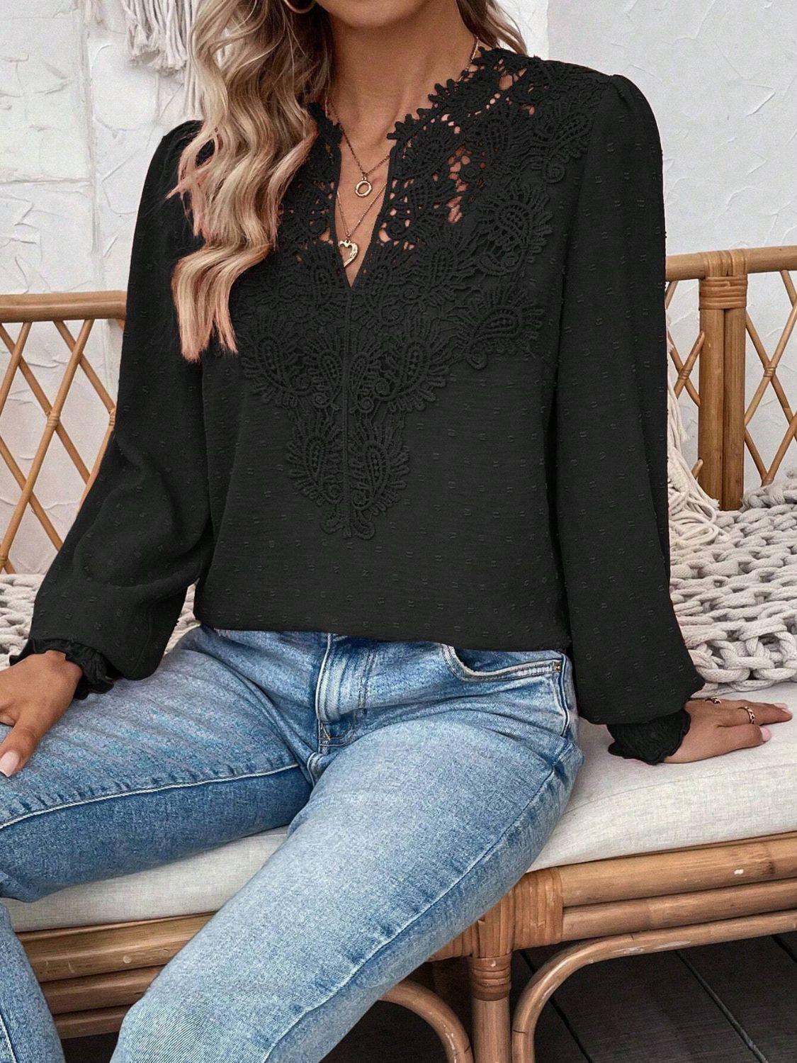 Swiss Dot Lace Detail Notched Long Sleeve Blouse - Clothes For Her Online Store