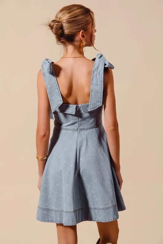 SO ME A Line Fit and Flare Diamond Bow Ribbon Denim Dres