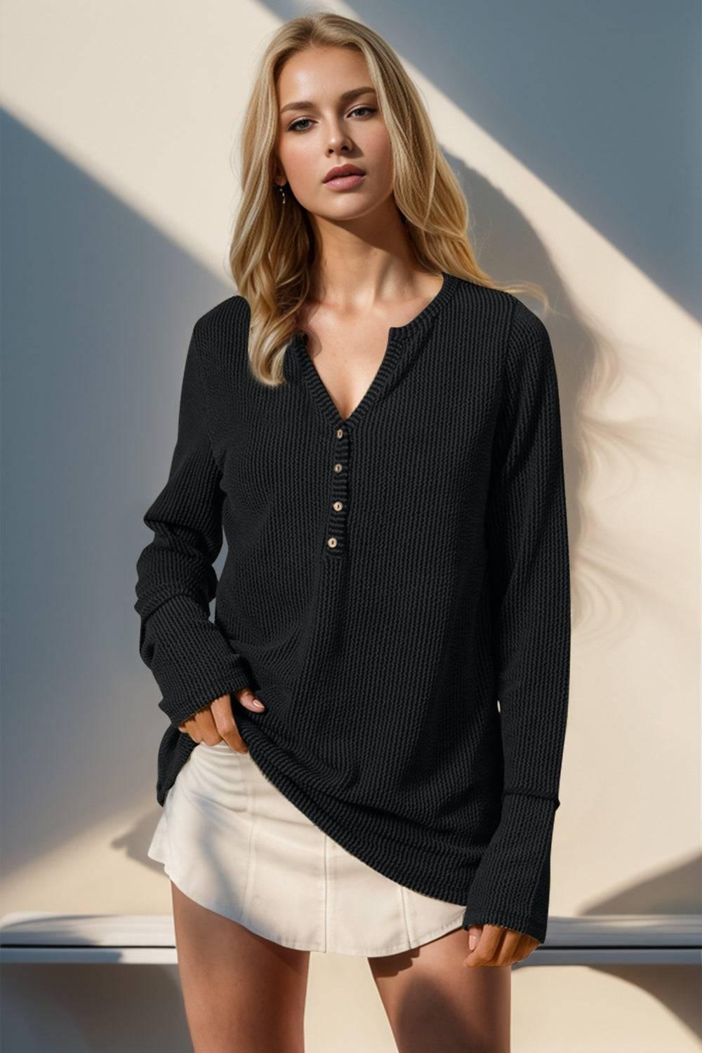 Double Take Full Size Notched Thumbhole Long Sleeve T-Shirt - Clothes For Her Online Store