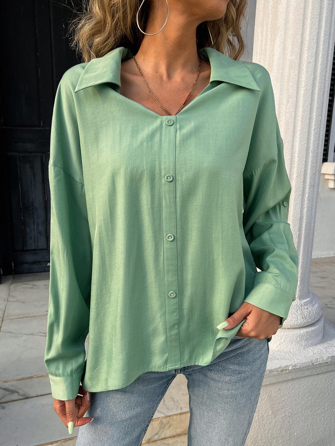 Button Down Collared Neck Long Sleeve Shirt - Clothes For Her Online Store