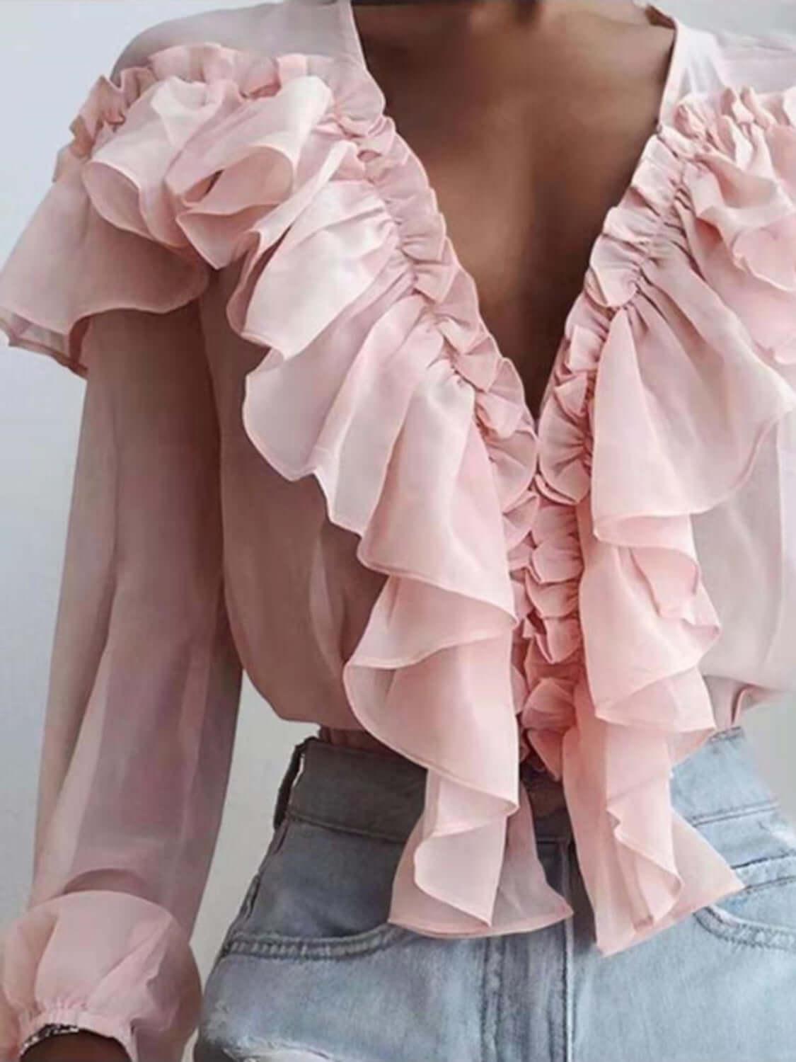 Ruffled V-Neck Long Sleeve Blouse - Clothes For Her Online Store