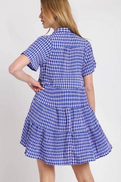 Umgee Full Size Gingham Tiered Button Detail Short Sleeve Dress Plus Size - Clothes For Her Online Store