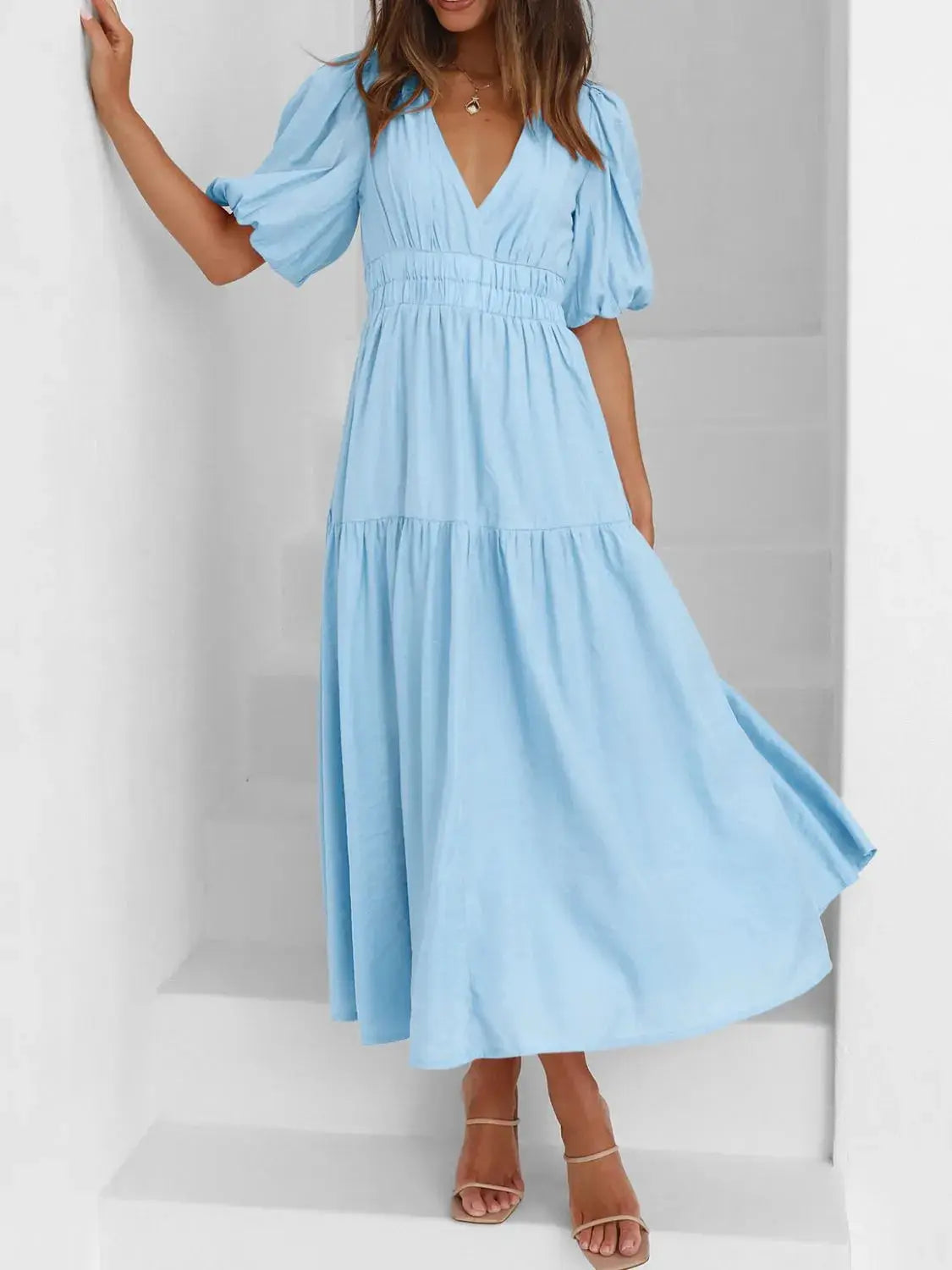 V-Neck Puff Sleeve Midi Dress - Clothes For Her Online Store