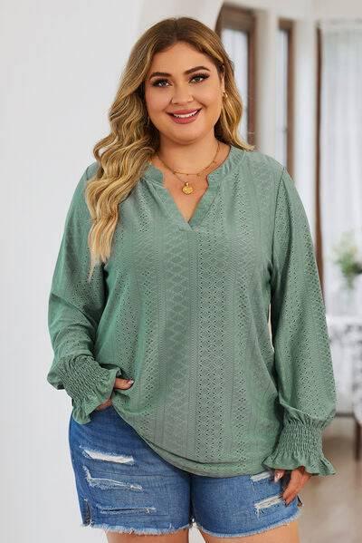 Plus Size Eyelet Notched Flounce Sleeve Blouse - Clothes For Her Online Store