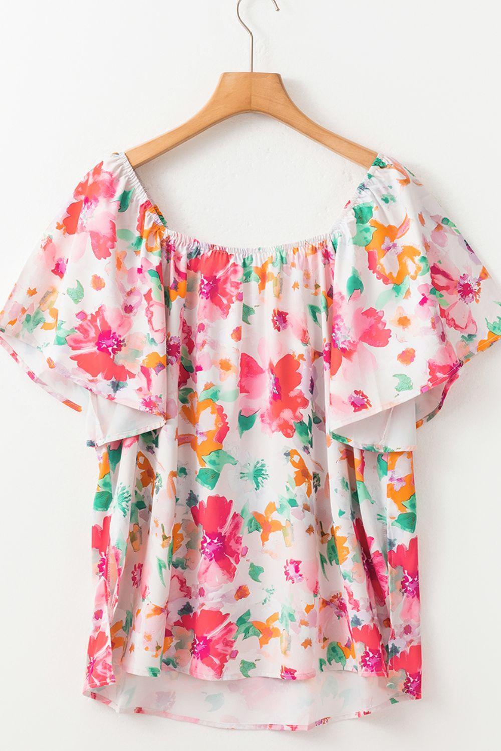 Floral Square Neck Ruffle Sleeve Blouse - Clothes For Her Online Store