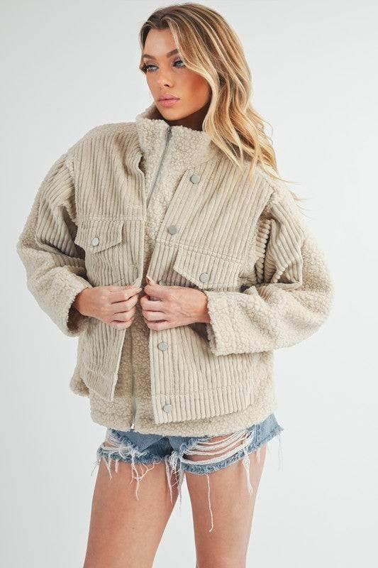 Aemi + Co Fake Two Pieces Turtleneck Sherpa Jacket with Pockets - Clothes For Her Online Store