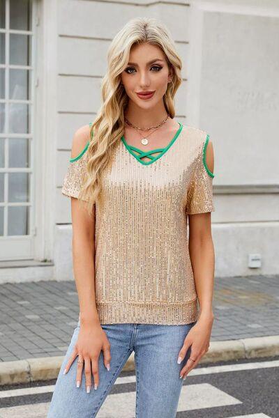 Sequin Crisscross V-Neck Cold Shoulder Blouse - Clothes For Her Online Store