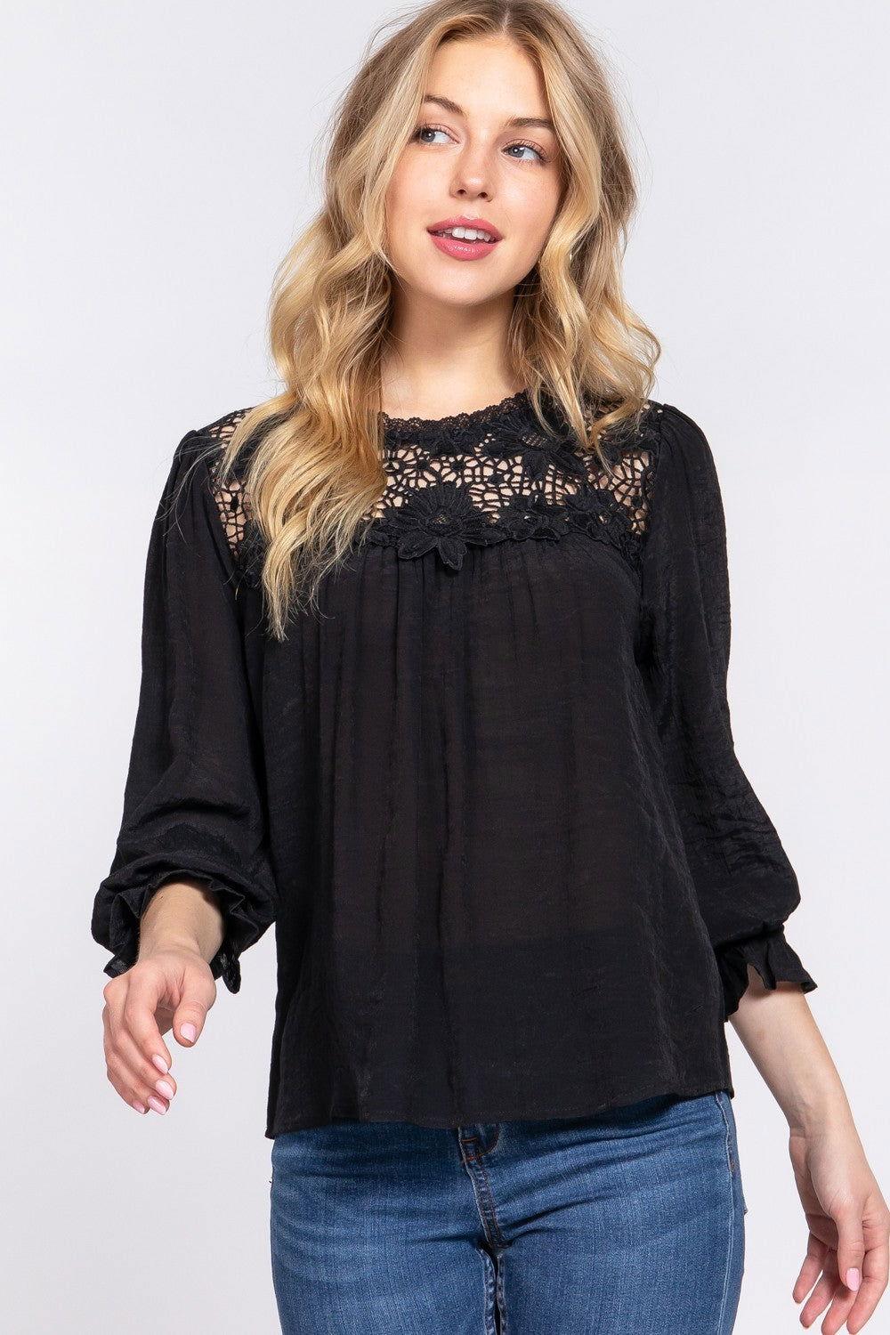 ACTIVE BASIC Crochet Lace Panel Flounce Sleeve Blouse - Clothes For Her Online Store