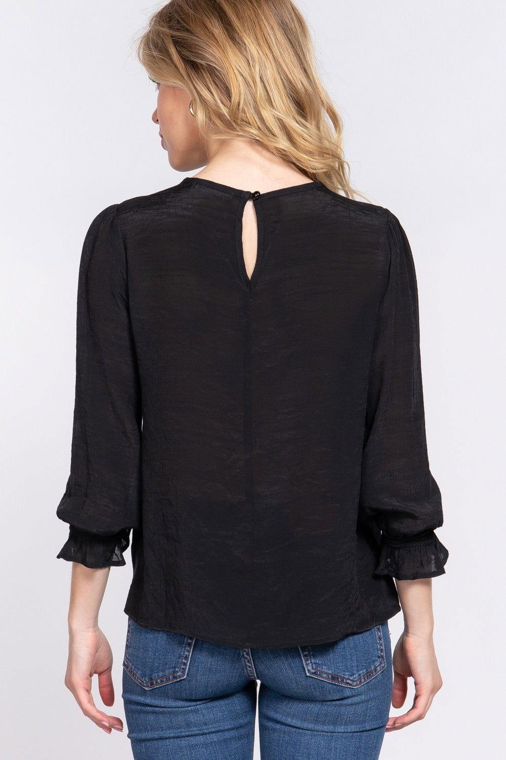 ACTIVE BASIC Crochet Lace Panel Flounce Sleeve Blouse - Clothes For Her Online Store