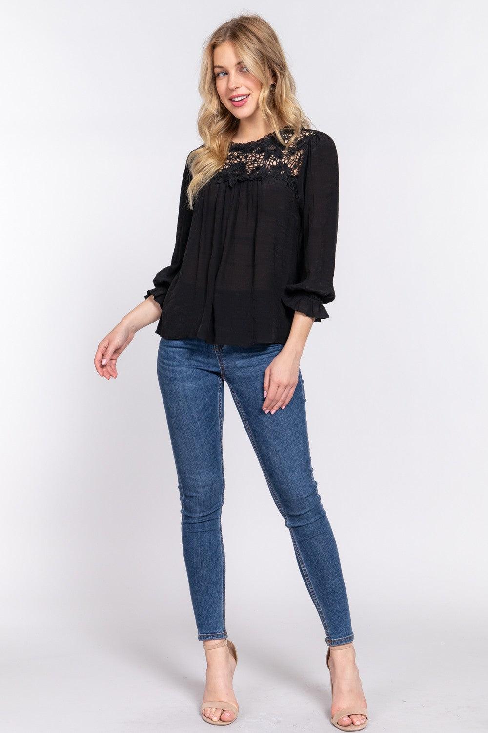 ACTIVE BASIC Crochet Lace Panel Flounce Sleeve Blouse - Clothes For Her Online Store