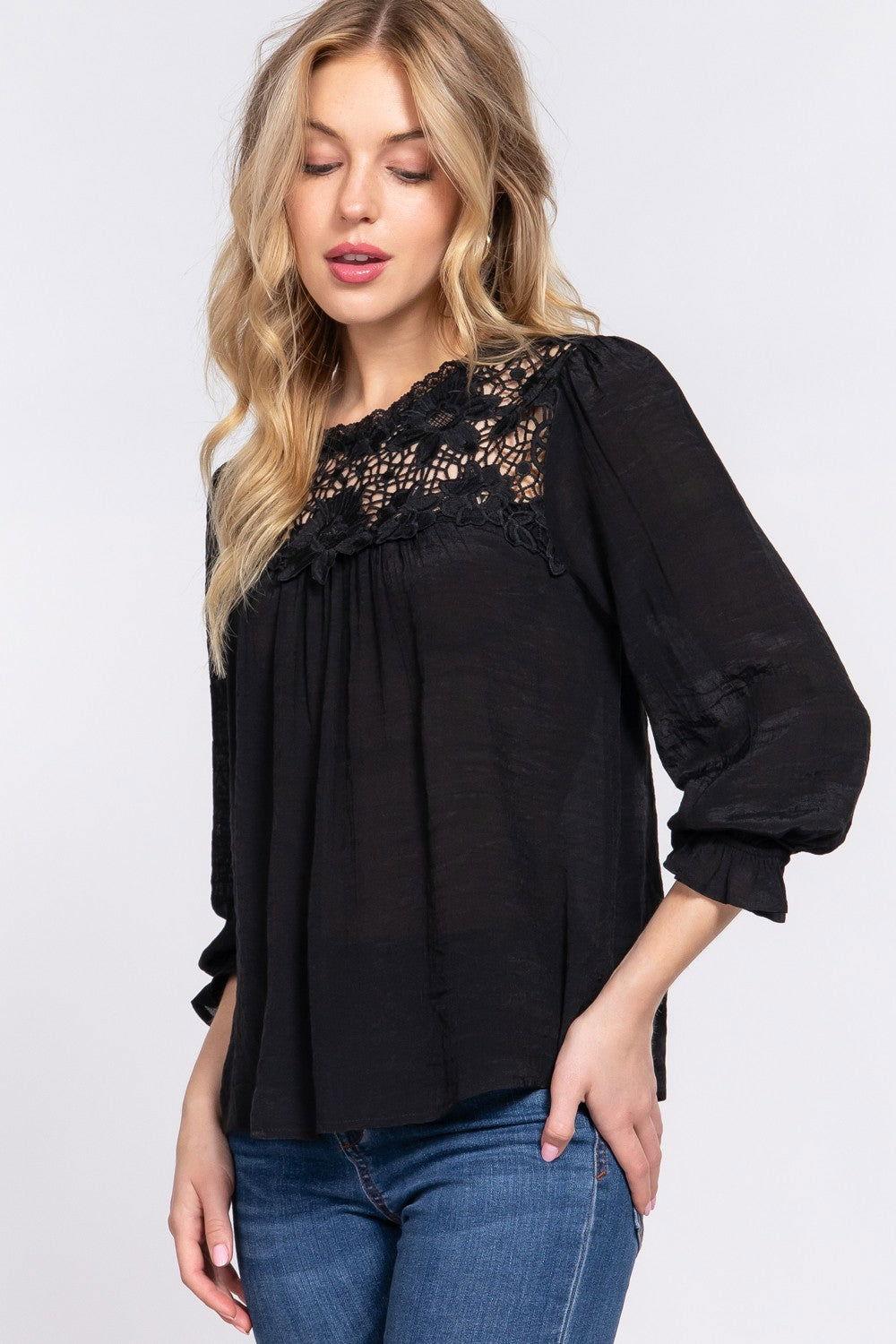 ACTIVE BASIC Crochet Lace Panel Flounce Sleeve Blouse - Clothes For Her Online Store