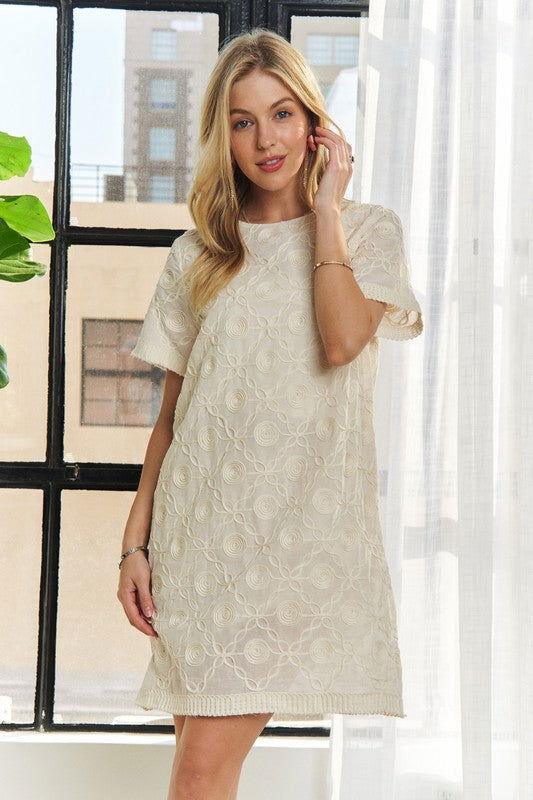 ADORA Applique Round Neck Short Sleeve Shift Dress - Clothes For Her Online Store