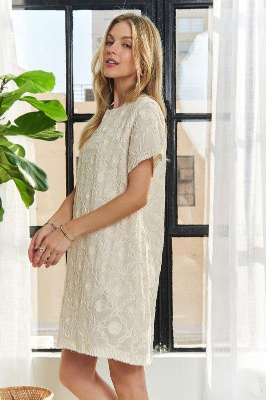 ADORA Applique Round Neck Short Sleeve Shift Dress - Clothes For Her Online Store