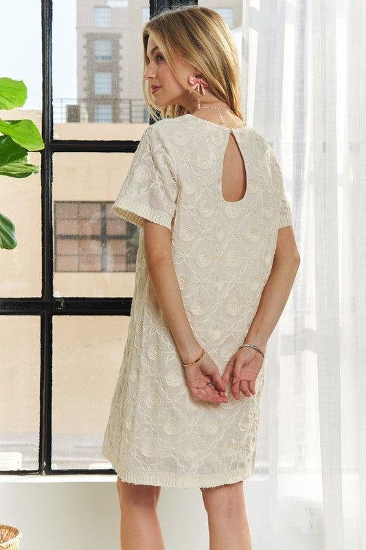ADORA Applique Round Neck Short Sleeve Shift Dress - Clothes For Her Online Store