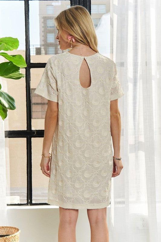 ADORA Applique Round Neck Short Sleeve Shift Dress - Clothes For Her Online Store
