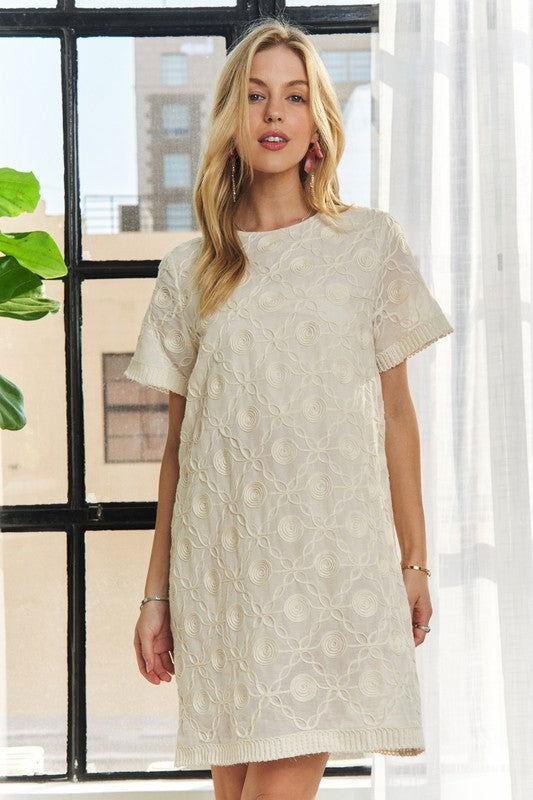 ADORA Applique Round Neck Short Sleeve Shift Dress - Clothes For Her Online Store