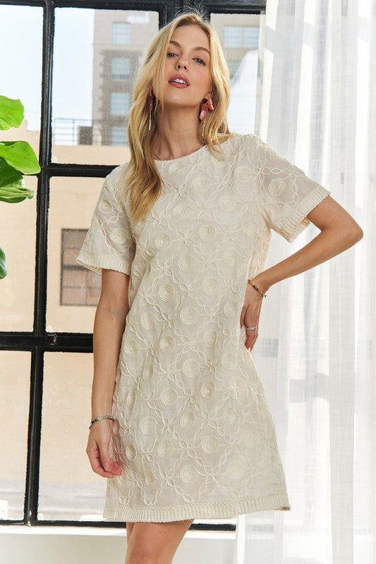 ADORA Applique Round Neck Short Sleeve Shift Dress - Clothes For Her Online Store