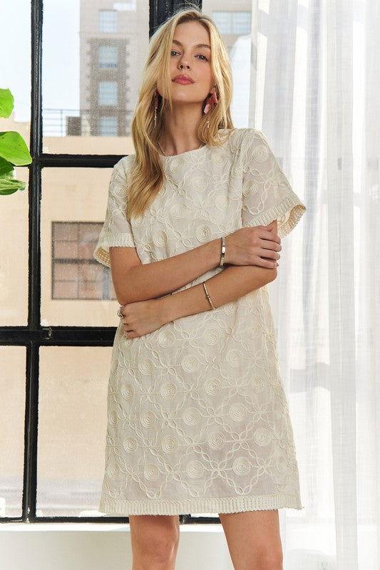 ADORA Applique Round Neck Short Sleeve Shift Dress - Clothes For Her Online Store