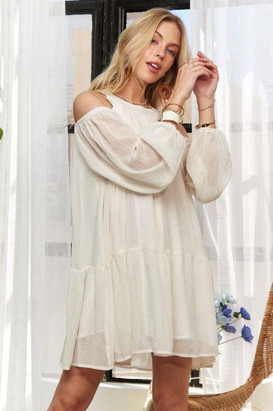 ADORA Cold Shoulder Balloon Sleeve Mini Dress - Clothes For Her Online Store