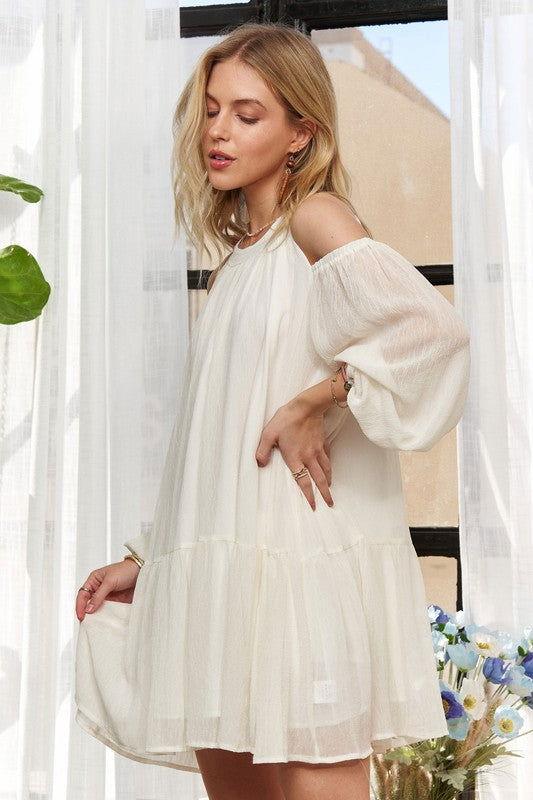 ADORA Cold Shoulder Balloon Sleeve Mini Dress - Clothes For Her Online Store