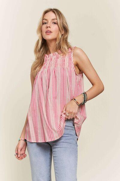 ADORA Contrast Striped Frill Round Neck Sleeveless Top - Clothes For Her Online Store