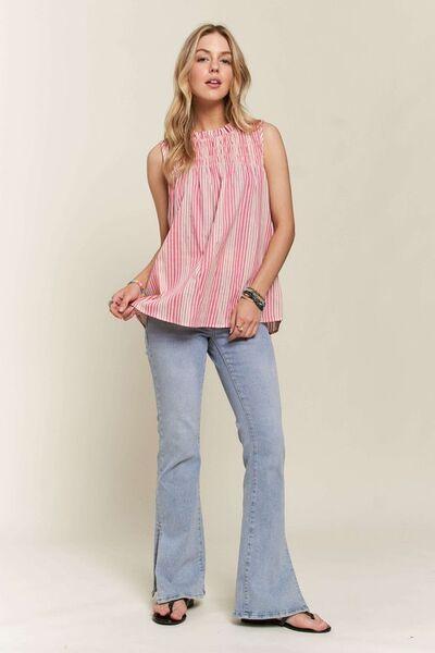 ADORA Contrast Striped Frill Round Neck Sleeveless Top - Clothes For Her Online Store