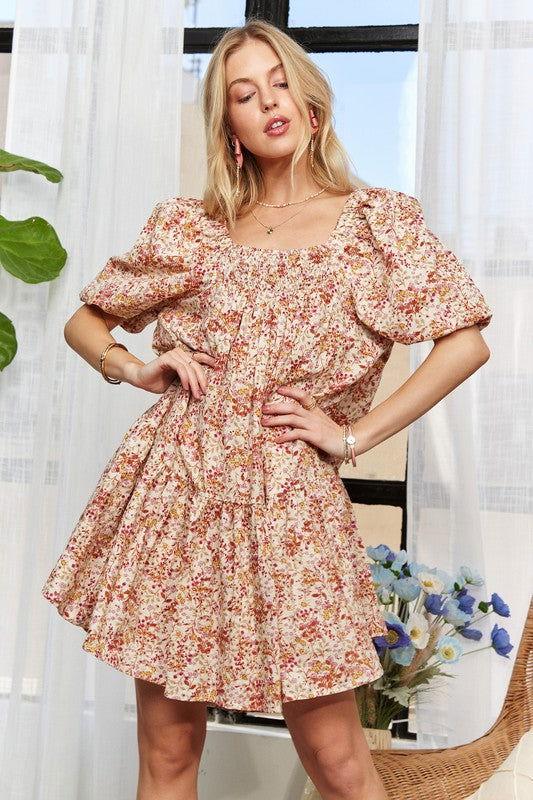 ADORA Floral Square Neck Puff Sleeve Dress - Clothes For Her Online Store