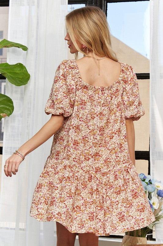 ADORA Floral Square Neck Puff Sleeve Dress - Clothes For Her Online Store