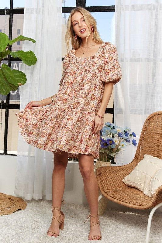 ADORA Floral Square Neck Puff Sleeve Dress - Clothes For Her Online Store