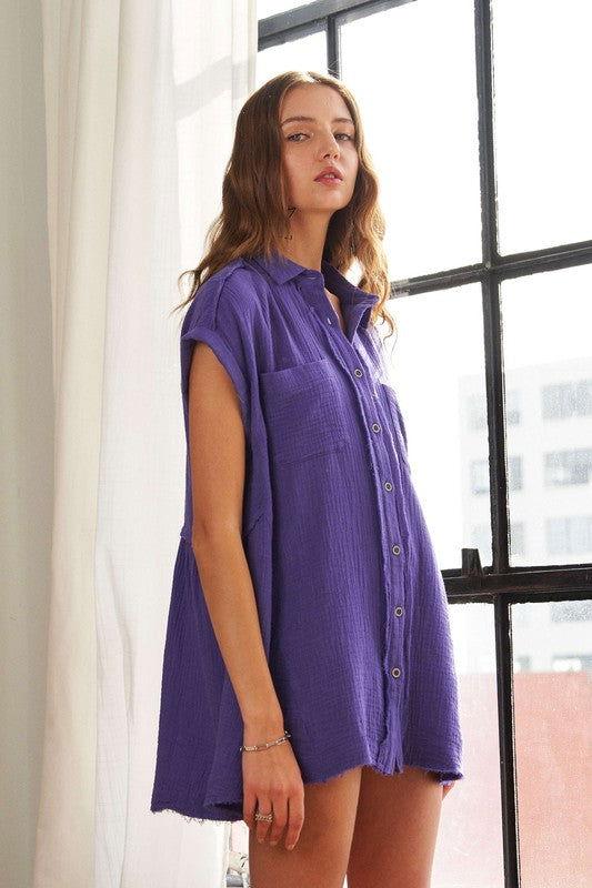 ADORA Raw Hem Collared Neck Button Down Shirt - Clothes For Her Online Store