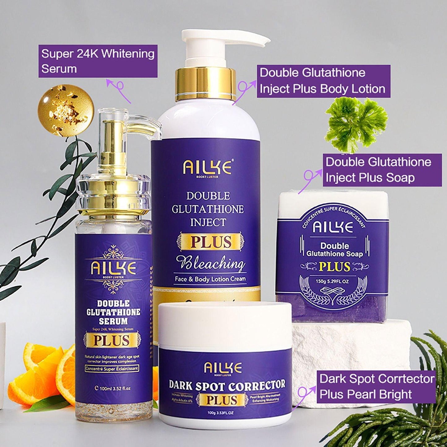 AILKE Glutathione Brightening Range, Lightening , Moisturizing, Hydration, Clean Stains, Even Skin tone, Improve Dull Skin