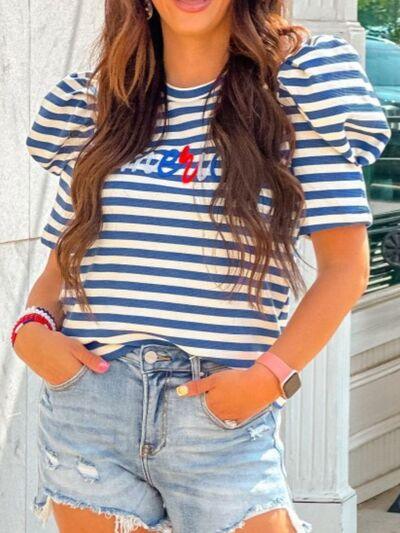 AMERICA Striped Round Neck Puff Sleeve Top - Clothes For Her Online Store