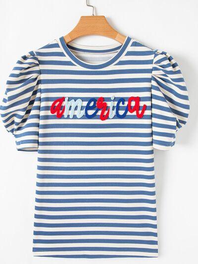 AMERICA Striped Round Neck Puff Sleeve Top - Clothes For Her Online Store