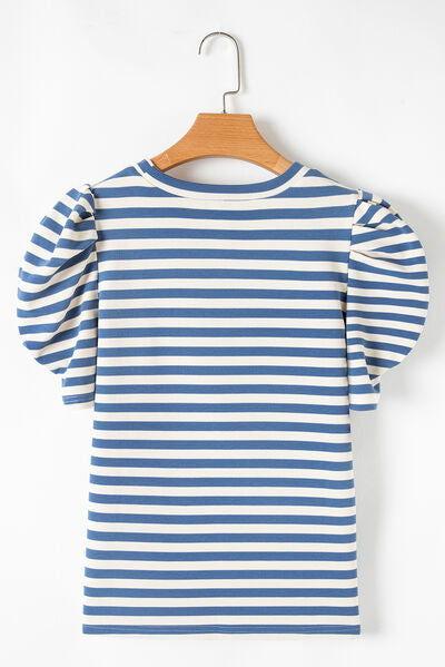 AMERICA Striped Round Neck Puff Sleeve Top - Clothes For Her Online Store