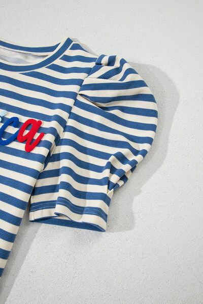 AMERICA Striped Round Neck Puff Sleeve Top - Clothes For Her Online Store
