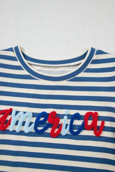 AMERICA Striped Round Neck Puff Sleeve Top - Clothes For Her Online Store