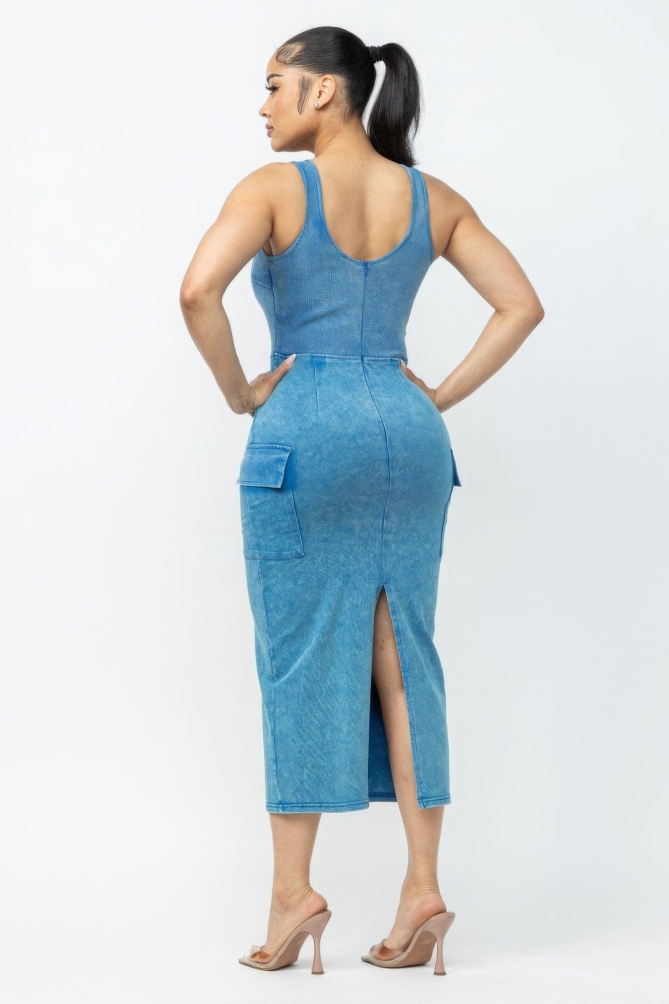 Acid Washed Cargo Midi Dress - Clothes For Her Online Store