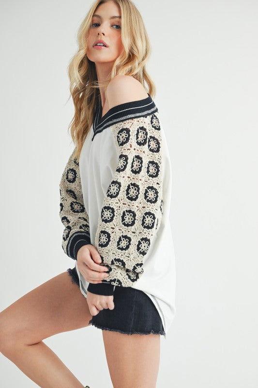 Aemi+Co Crochet Contrast Stitching V Neck Top - Clothes For Her Online Store