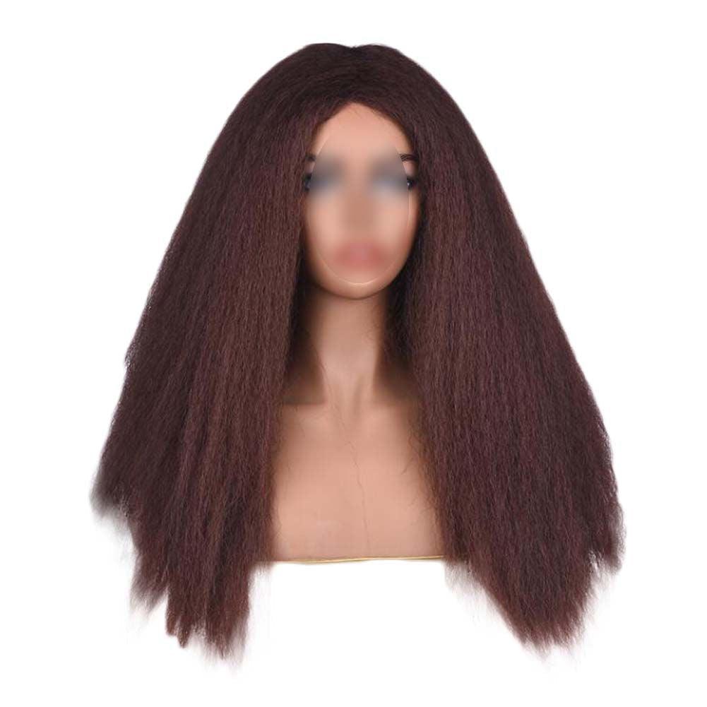 Afro Yaki Hair Straight Curly Wigs Dark Brown Long Full Wig Fluffy Synthetic Hair Wigs for Daily Wear, 24inch - Clothes For Her Online Store