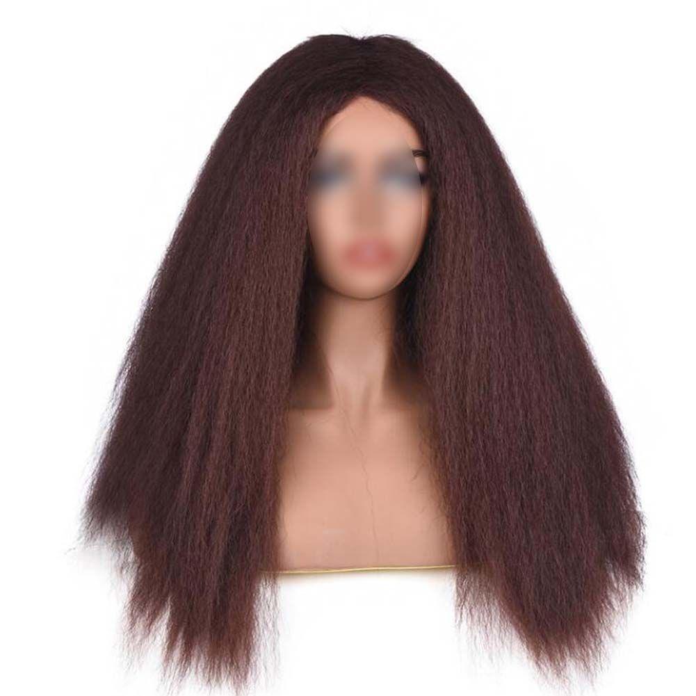 Afro Yaki Hair Straight Curly Wigs Dark Brown Long Full Wig Fluffy Synthetic Hair Wigs for Daily Wear, 24inch - Clothes For Her Online Store
