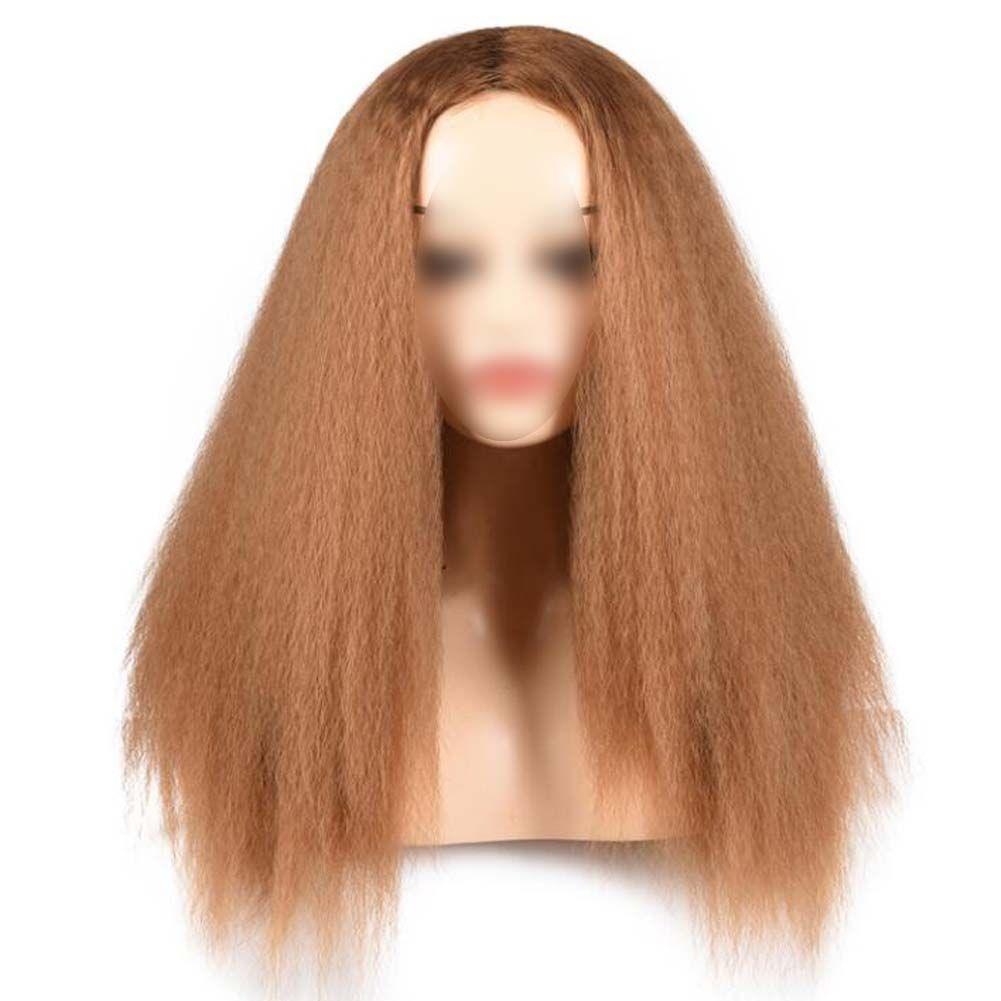 Afro Yaki Hair Straight Curly Wigs Khaki Long Full Wig Fluffy Synthetic Hair Wigs for Daily Wear, 24inch - Clothes For Her Online Store