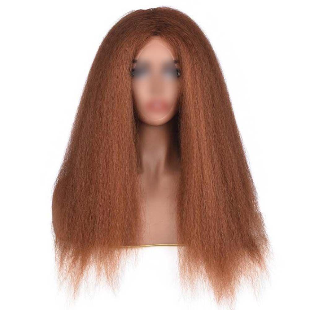 Afro Yaki Hair Straight Curly Wigs Light Coffee Long Full Wig Fluffy Synthetic Hair Wigs for Daily Wear, 24inch - Clothes For Her Online Store