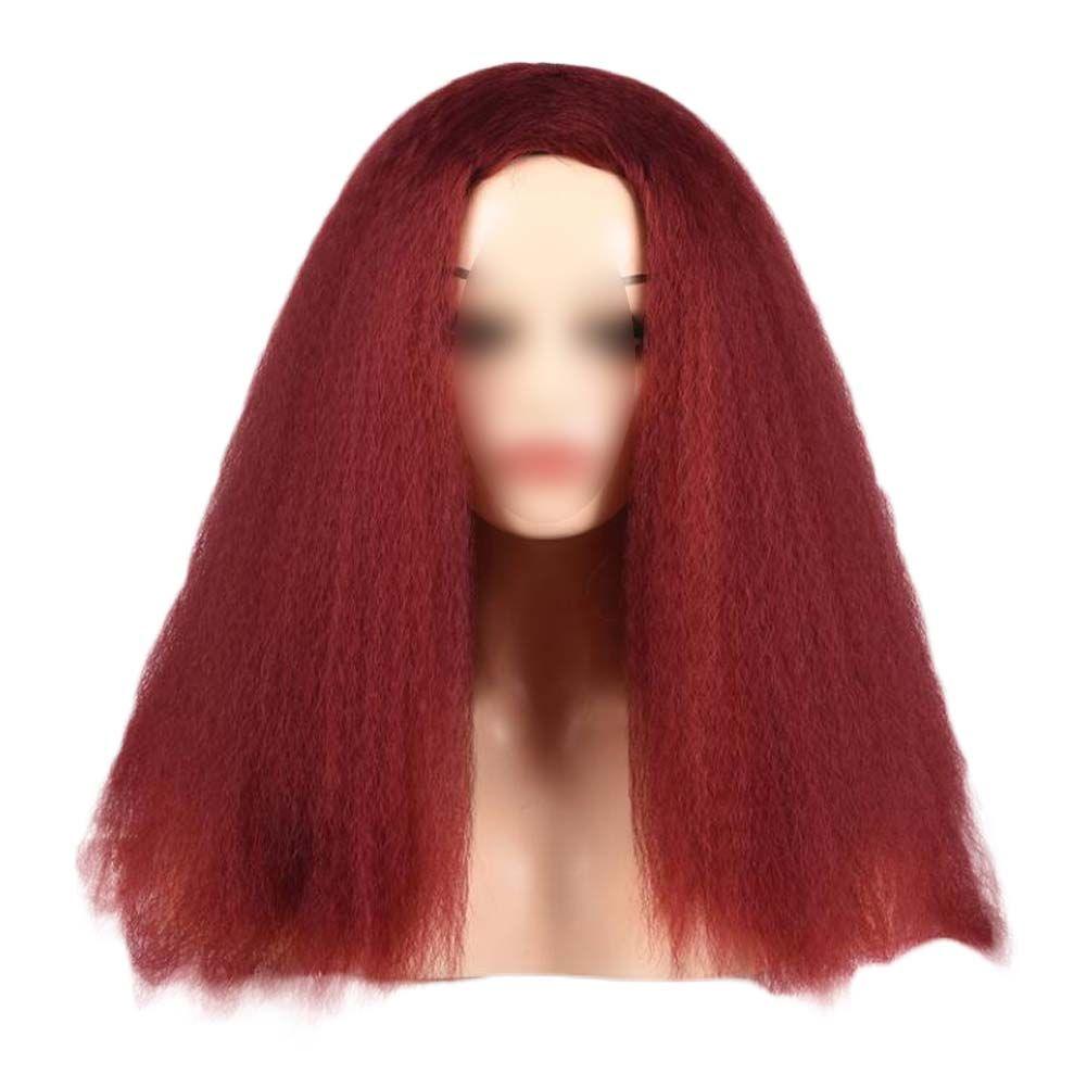 Afro Yaki Hair Straight Curly Wigs Wine Red Long Full Wig Fluffy Synthetic Hair Wigs for Daily Wear, 24inch - Clothes For Her Online Store
