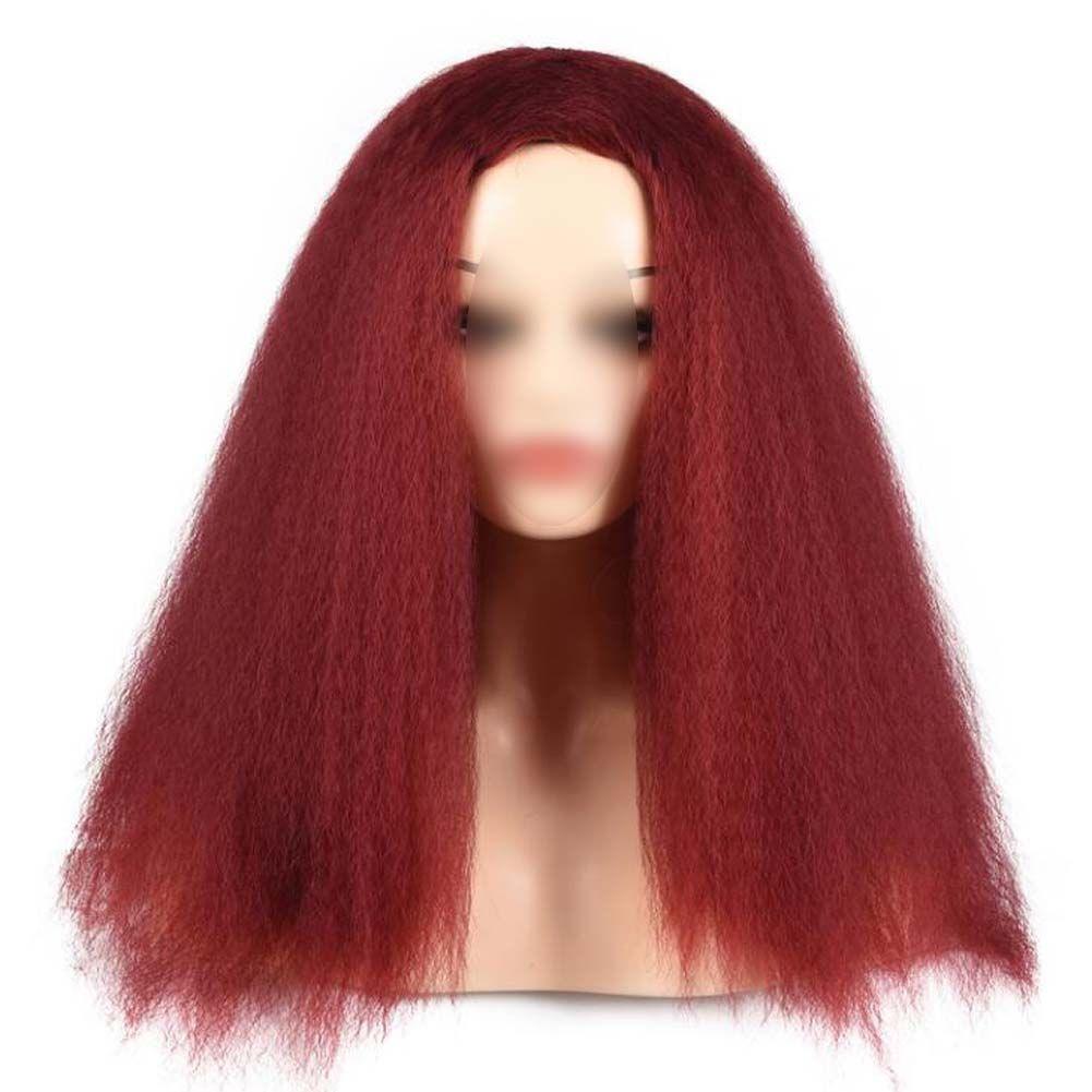 Afro Yaki Hair Straight Curly Wigs Wine Red Long Full Wig Fluffy Synthetic Hair Wigs for Daily Wear, 24inch - Clothes For Her Online Store