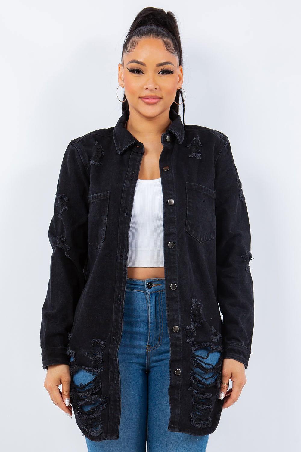 American Bazi Distressed Button Up Long Sleeve Denim Jacket - Clothes For Her Online Store